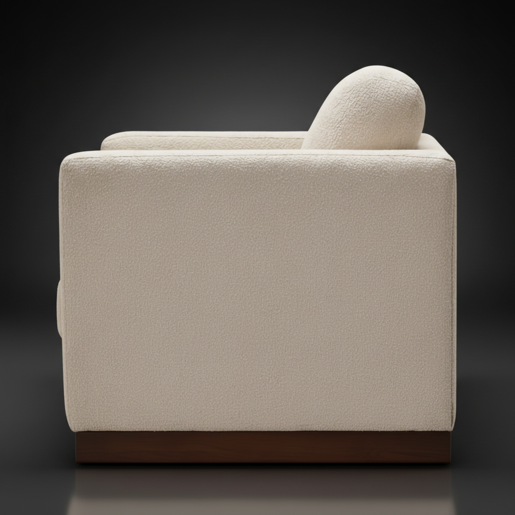 Beige polyester upholstered swivel chair with squared arms and a dark brown rubber wood base.