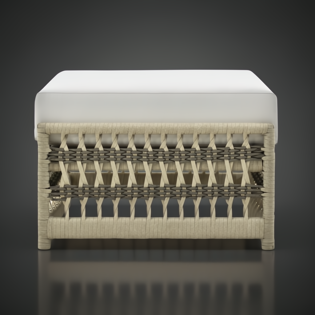 Cream Surya Winder outdoor ottoman with a compact cushioned top and woven aluminum base.
