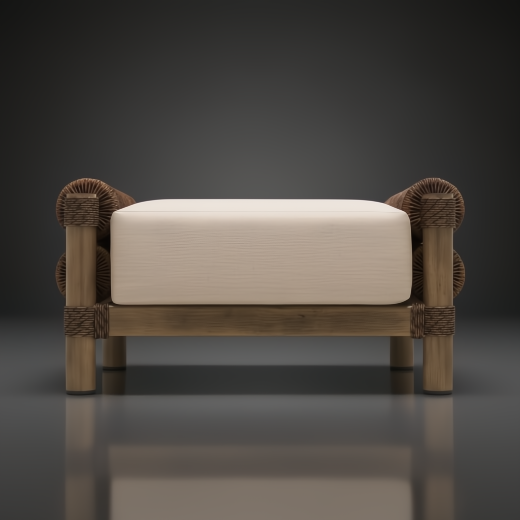 Surya Porta Ottoman with a cream Sunbrella cushion and brown hand-painted aluminum base, wrapped with rope accents.