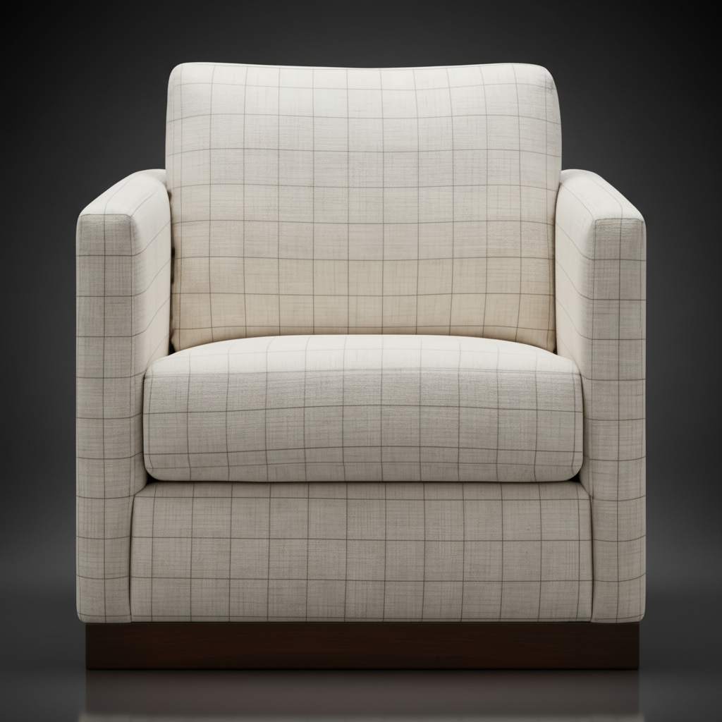 Surya Glendon swivel chair with light beige plaid polyester-linen upholstery and a brown rubber wood base.