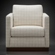 Surya Glendon swivel chair with light beige plaid polyester-linen upholstery and a brown rubber wood base.