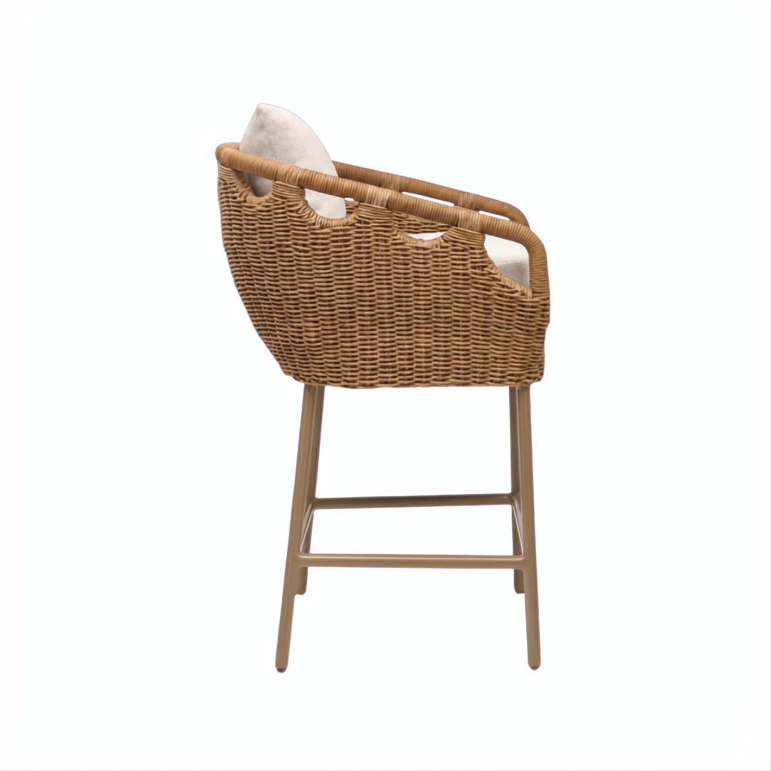 Surya Marvella outdoor bar stool with woven brown wicker back, light cushion, and dark brown aluminum base.