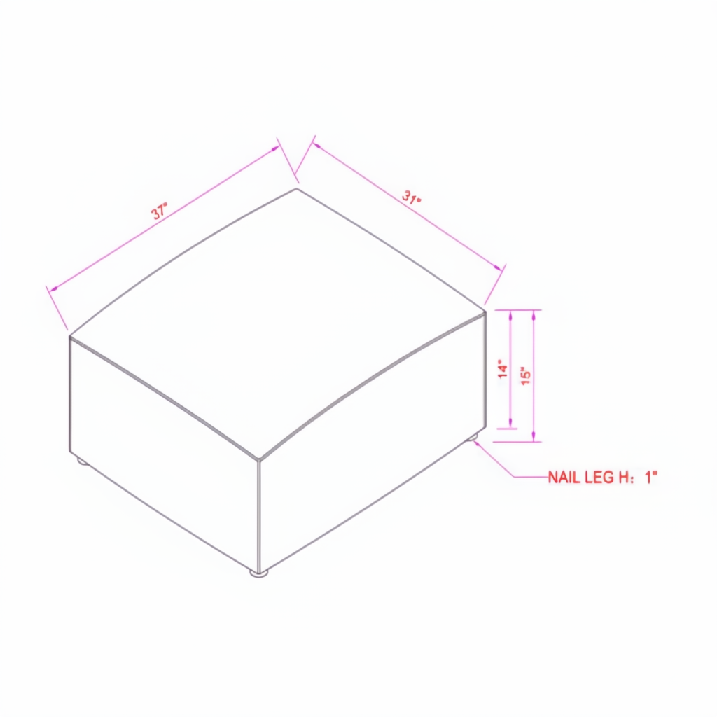 Line drawing of the Surya Alepa ALPA-002 ottoman, showing its 15"H x 31"W x 37"D rectangular shape.