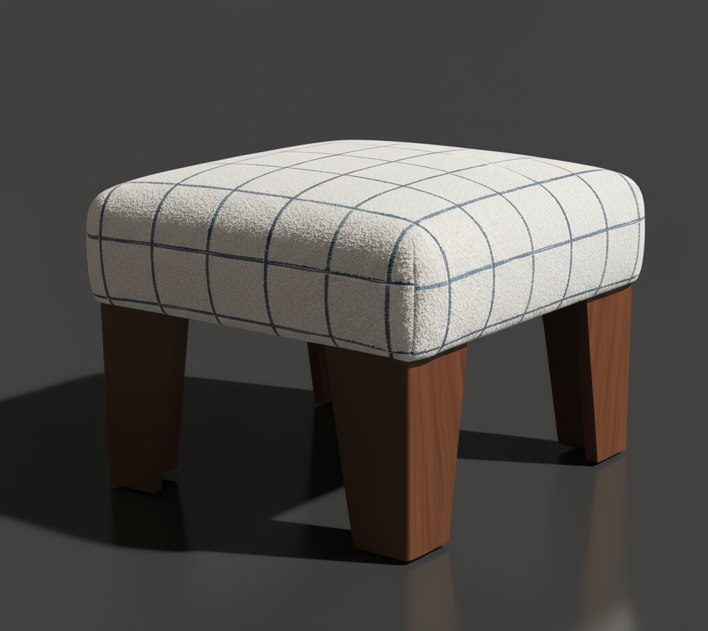 Surya Mirava Ottoman, 18"H, with a rounded square, checkered polyester top and brown stained rubber wood base.