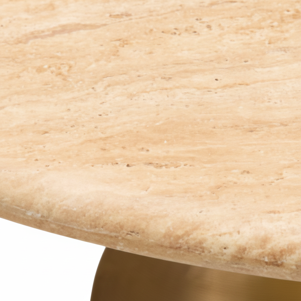 Surya Anatalia 55" round dining table with cream polished travertine top and gold brushed brass base.
