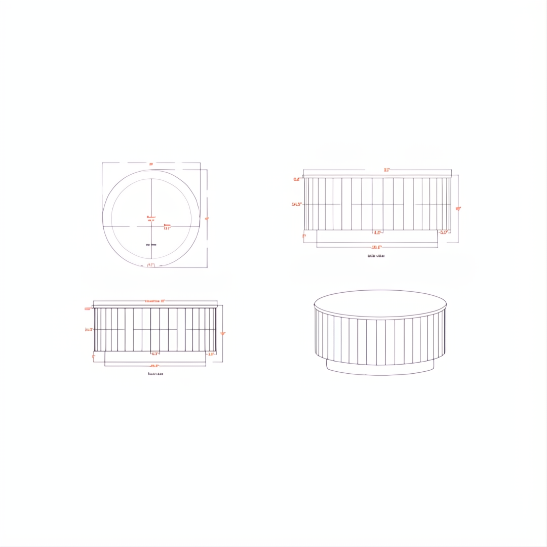 Technical drawings of the Surya Nems Coffee Table, showing top, front, side, and isometric views with dimensions.