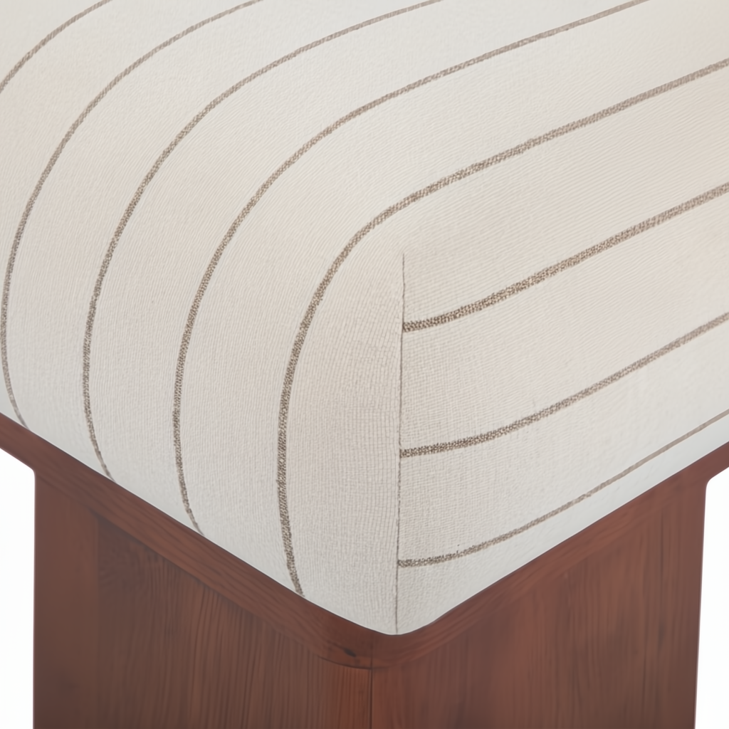 Surya Lunara Ottoman with a cream polyester cover, brown pinstripes, and a brown stained rubber wood base.