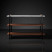 Surya Novelle Bookcase with white marble top, metallic bronze iron, stained acacia, and leather handles.