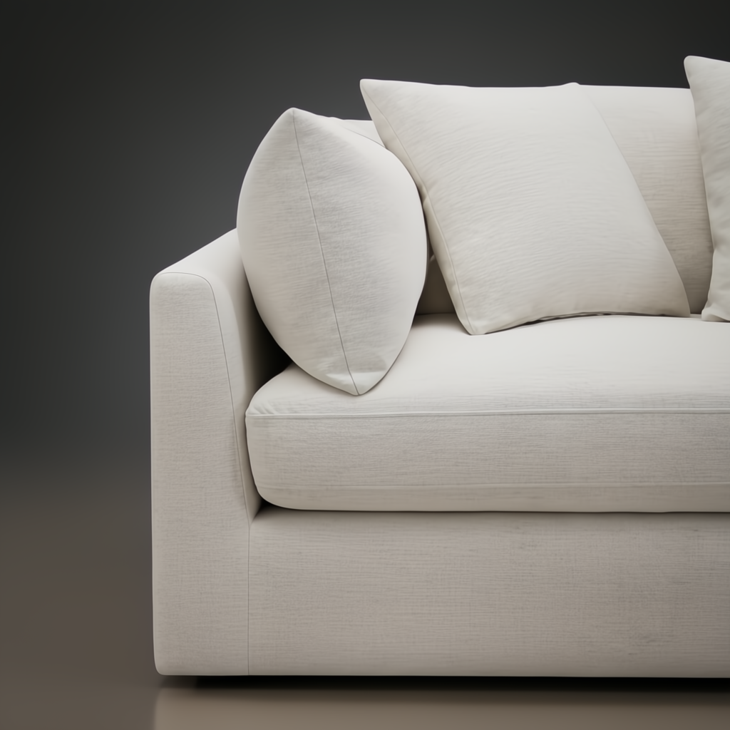 Surya Capitola off-white polyester-linen sofa with plush cushions and included pillows.
