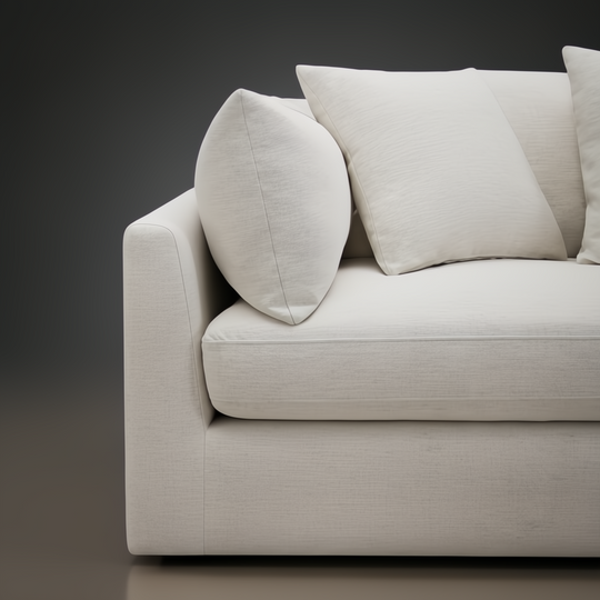 Surya Capitola off-white polyester-linen sofa with plush cushions and included pillows.