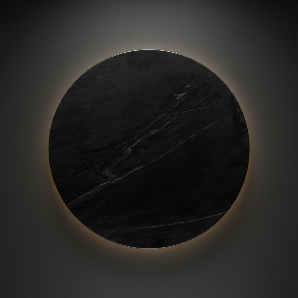Round black polished marble dining table top with natural white veining.