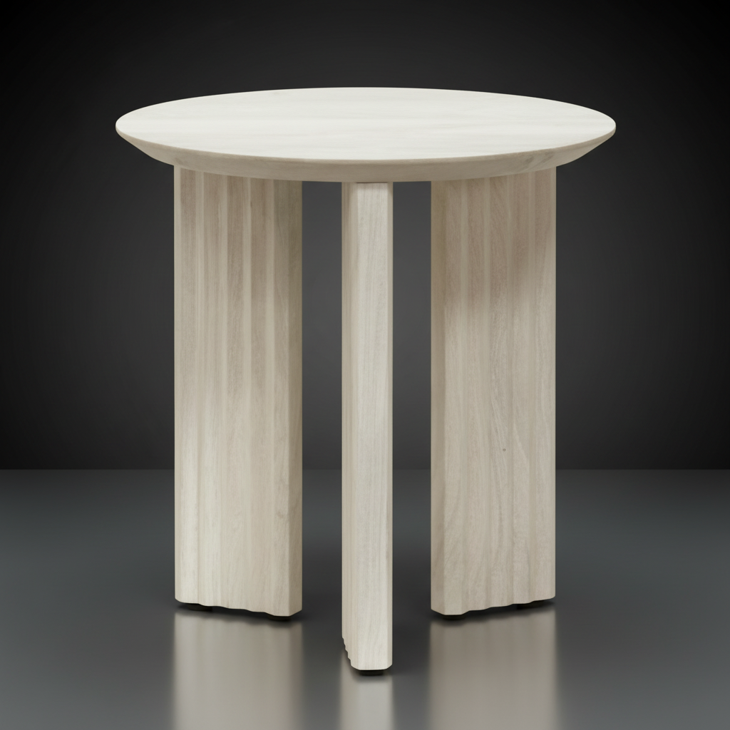 Surya Agnes AGNE-006 white washed mango wood round end table with zigzag fluted legs.