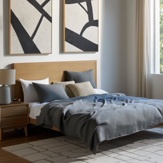 Pryce Queen platform bed with brown natural oak finish, low-profile design, and mid-century modern style.