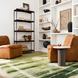 Two brown leather modular chairs with a black base, a green abstract rug, and white shelves.