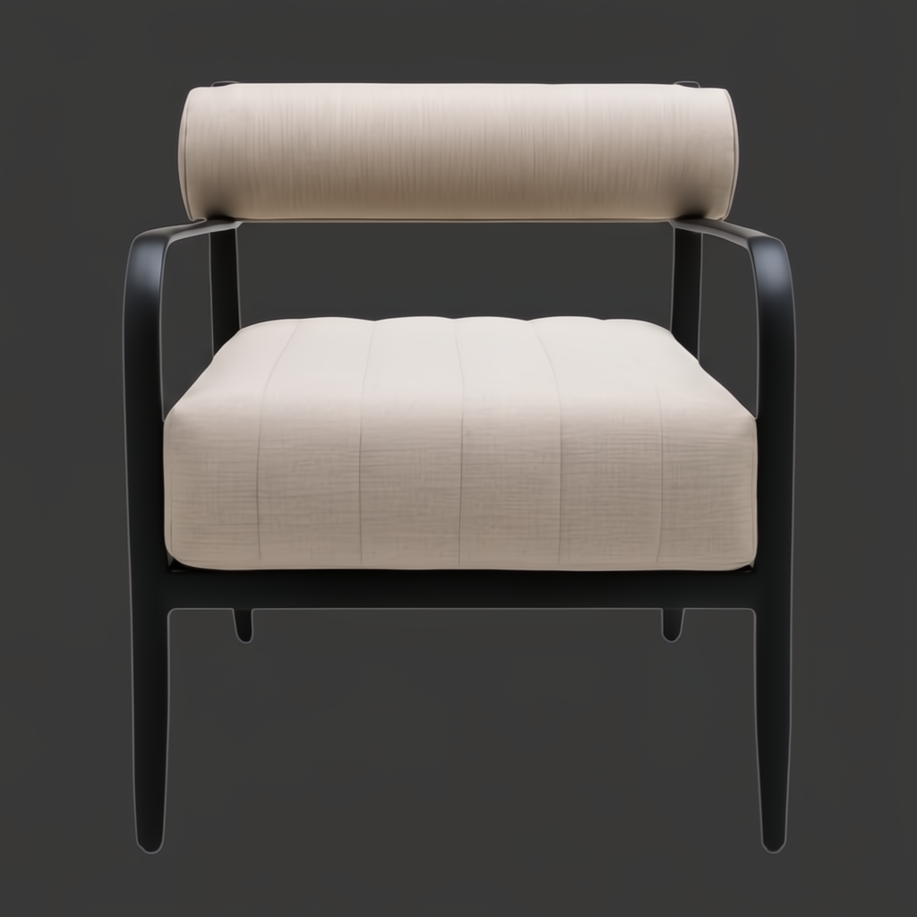 Surya Antibes outdoor accent chair with beige Sunbrella cushion and black aluminum frame.