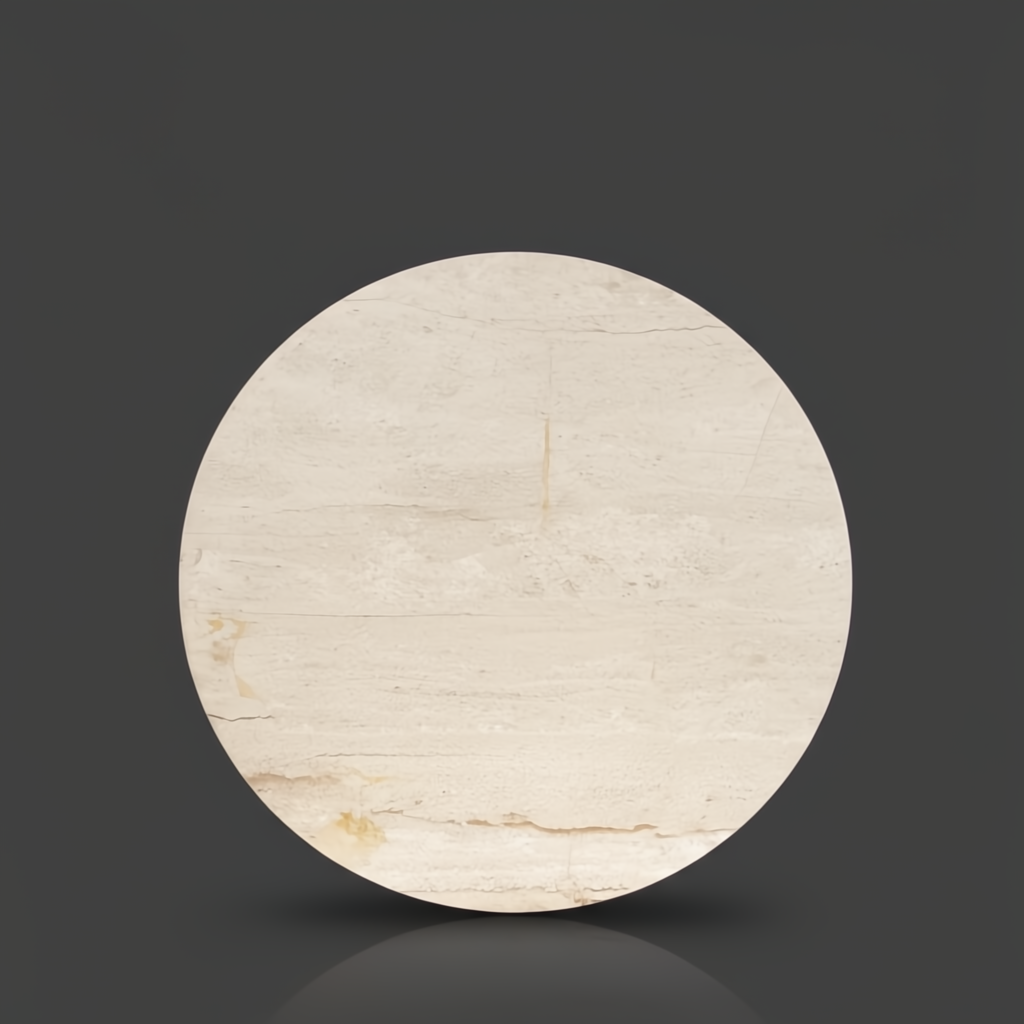 Surya Redondo End Table with a round beige polished marble top and ribbed mango wood base.