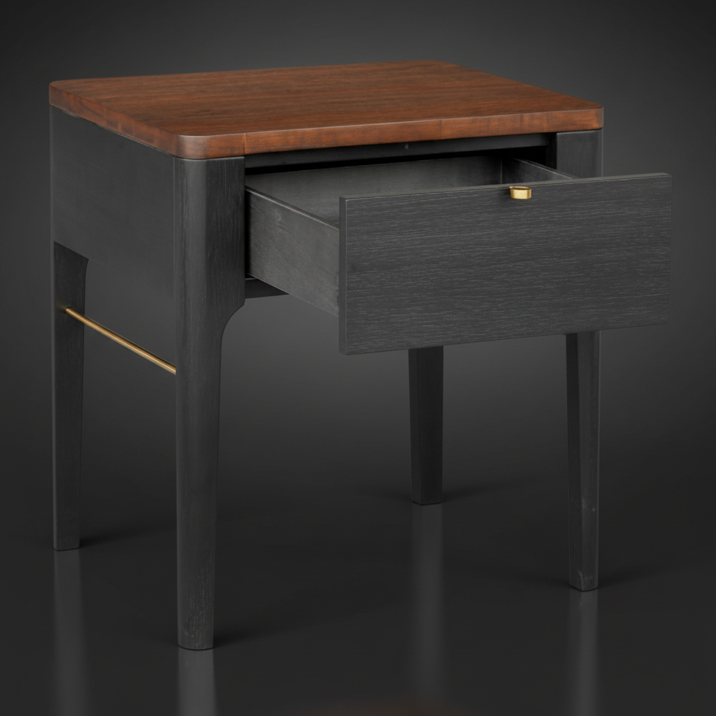 Brown oak veneer top end table with black rubber wood base, open drawer, and brass accent.