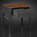 Brown oak veneer top end table with black rubber wood base, open drawer, and brass accent.
