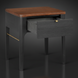 Brown oak veneer top end table with black rubber wood base, open drawer, and brass accent.