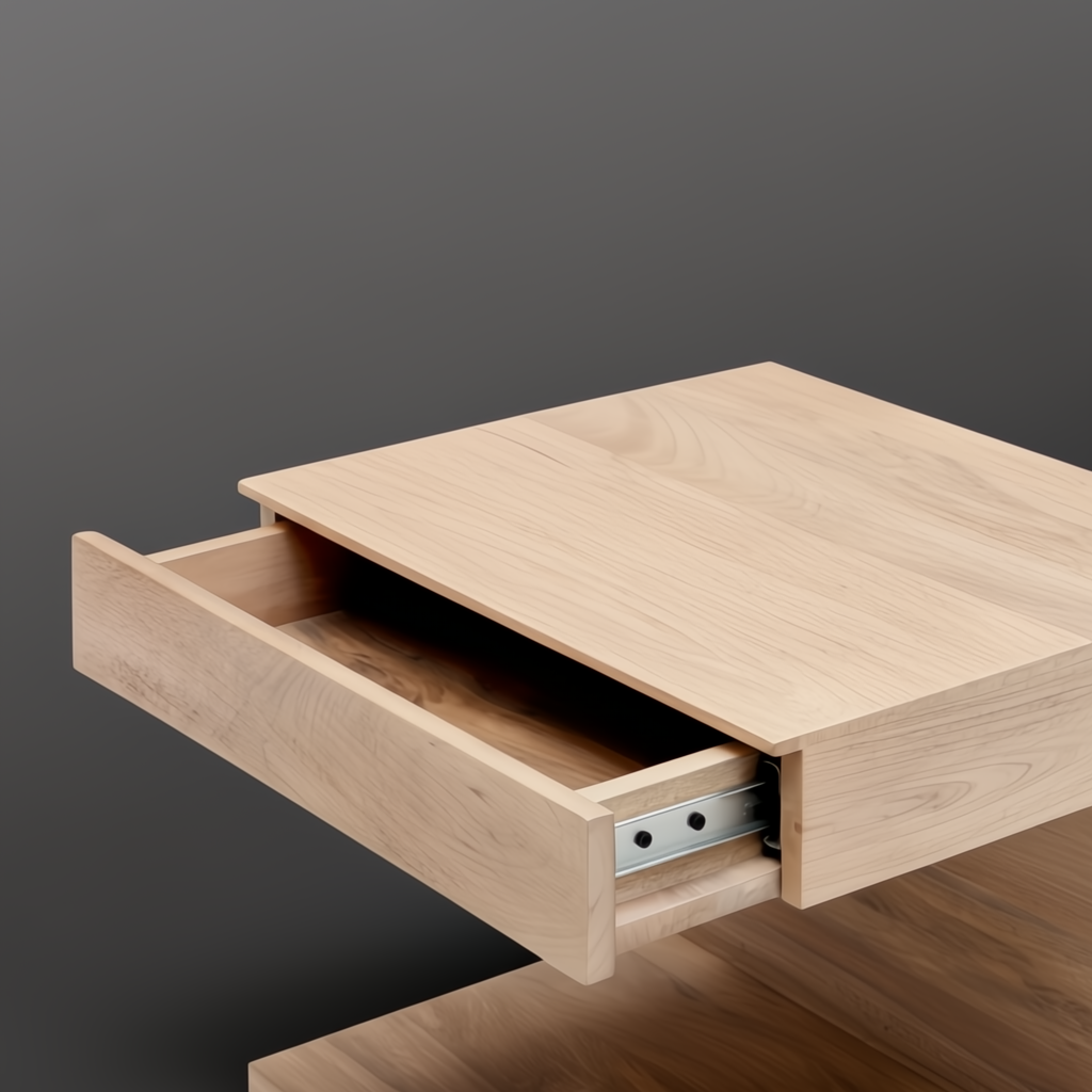 Light brown mango wood end table with a partially open drawer, showing metal glides.