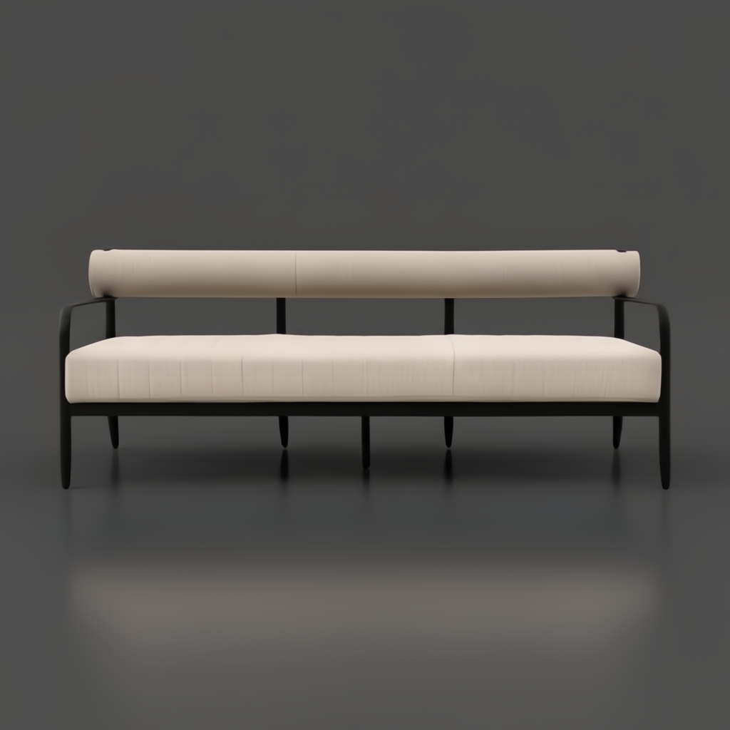 Surya Antibes outdoor sofa with light beige Sunbrella upholstery and a sleek black aluminum frame.