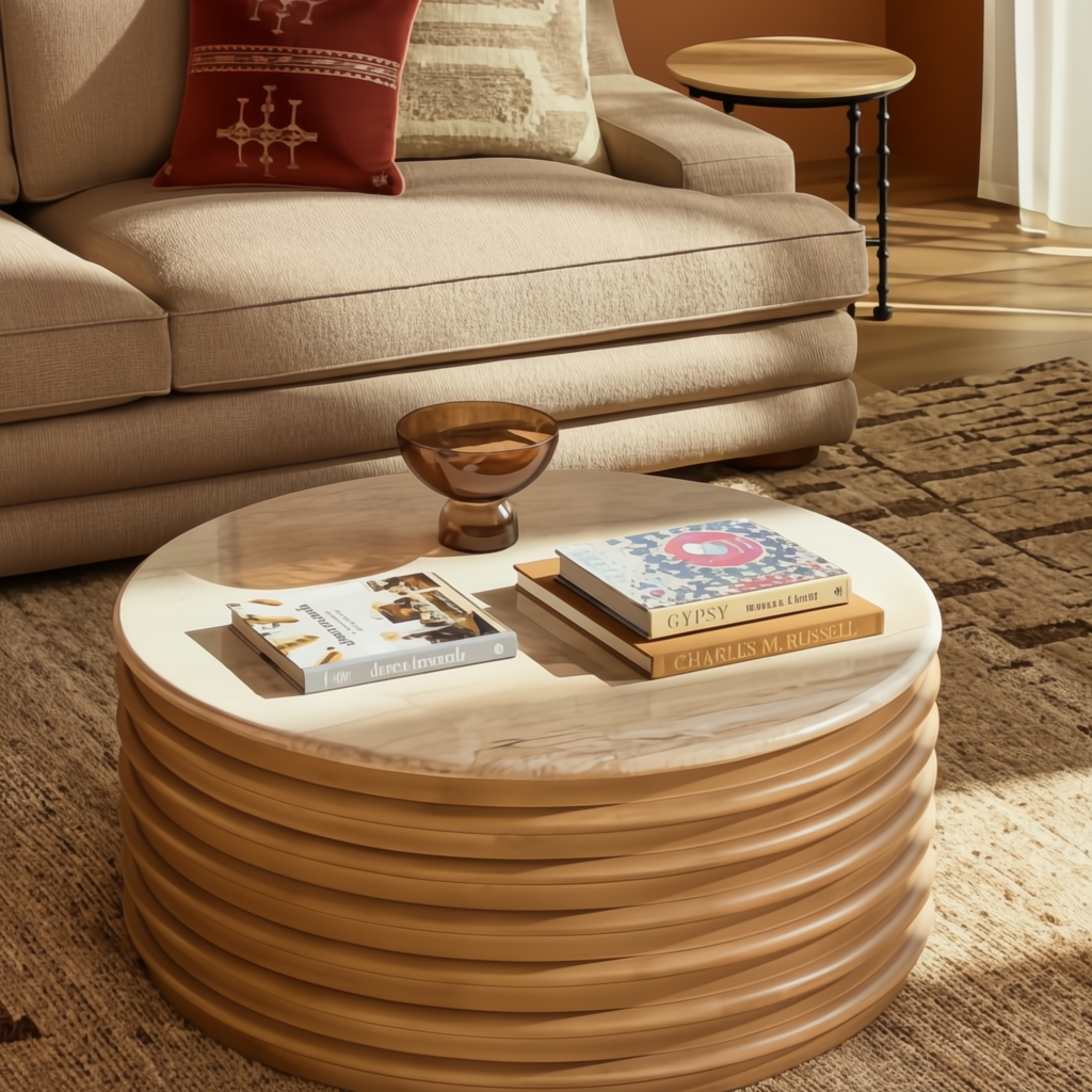 Surya Redondo beige marble and ribbed mango wood coffee table with books and decor.