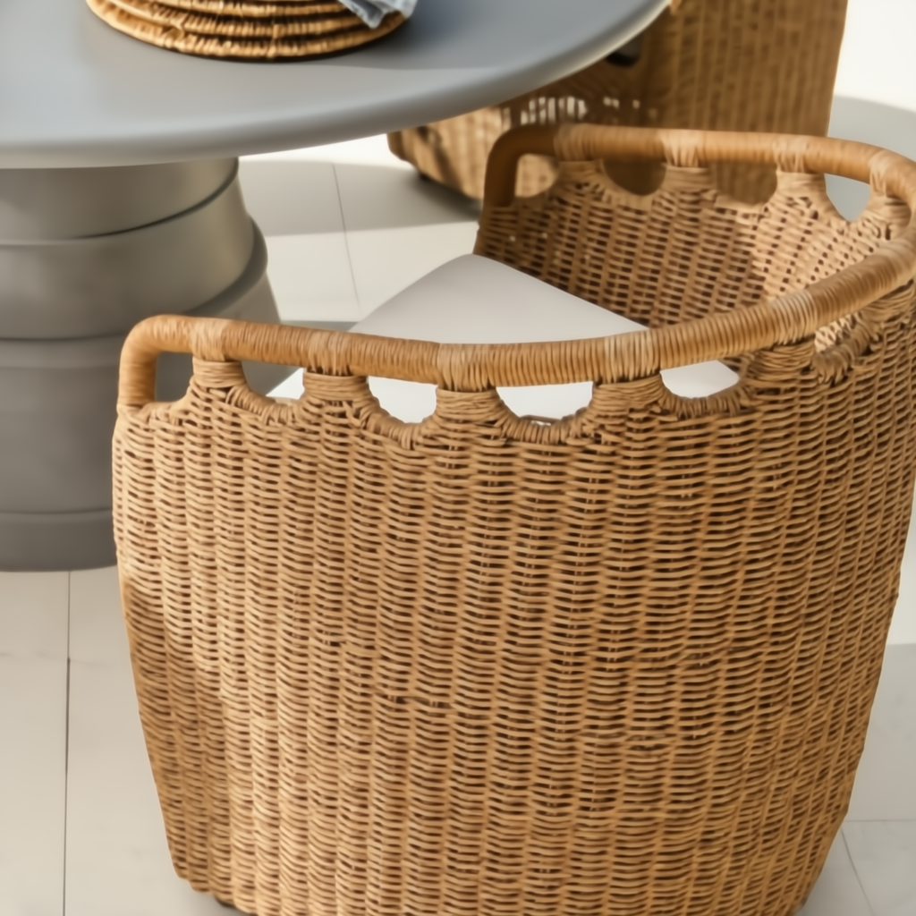 Surya Marvella indoor/outdoor dining chair with woven brown Sunbrella acrylic and white cushion.