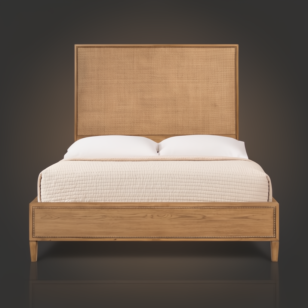 Hermosa Wood Bed with natural oak veneer, framed rattan headboard, and wooden hobnail details.