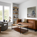 Modern Surya Dylan brown top-grain leather sofa with black metal base in a minimalist living room.