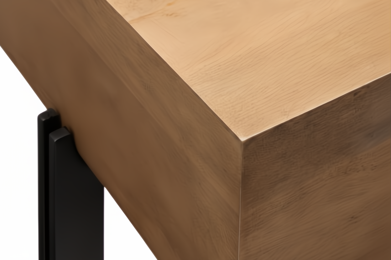 Surya Lowmax end table with a natural brown mango wood top and black cast iron base.