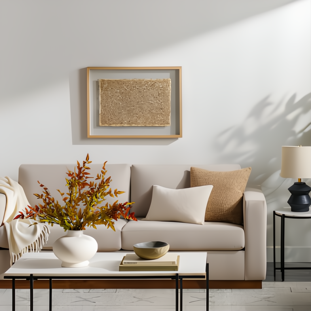Modern ceramic decorative accent, Surya Acanceh, in a white vase-style, on a coffee table.