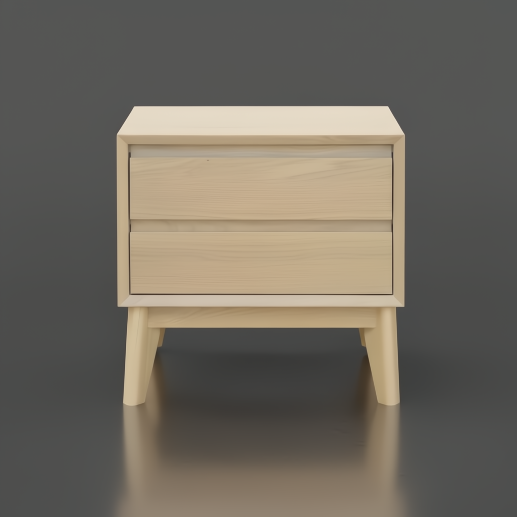 Light brown mid-century modern oak veneer nightstand with two drawers and tapered legs.