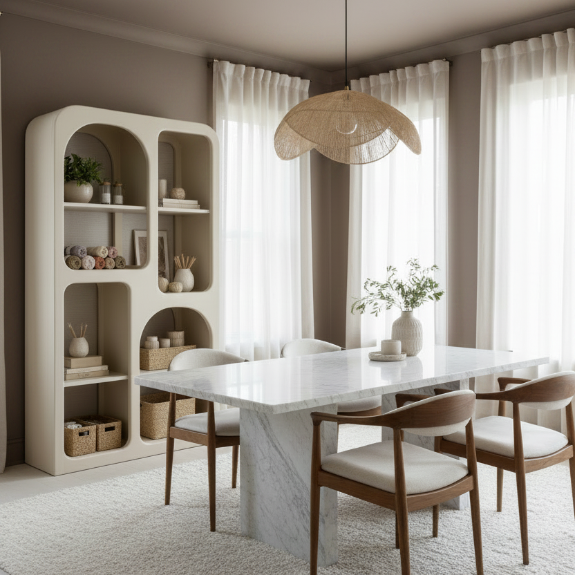 Ivory washed mango wood Surya Tana Bookcase with global-inspired bohemian design and varied arched/rectangular shelves.