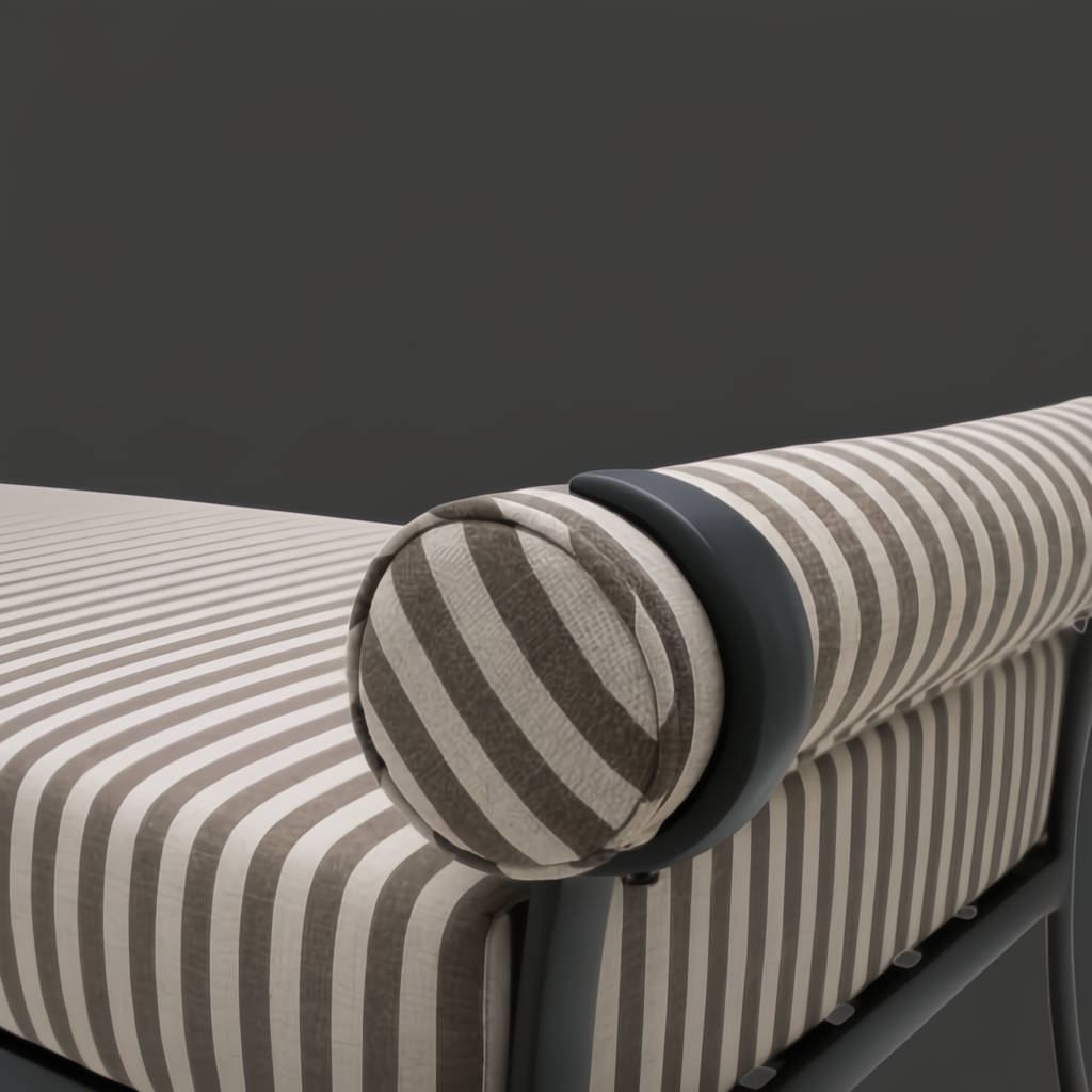Surya Antibes outdoor bench with brown and beige striped Sunbrella upholstery and black aluminum frame.