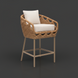 Surya Marvella outdoor bar stool with woven light brown wicker and cream cushions on a dark brown aluminum base.