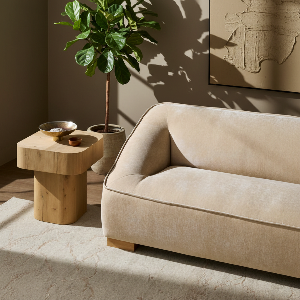 Beige Surya Alba sofa with rounded arms, polyester upholstery, and wood base in a living room setting.