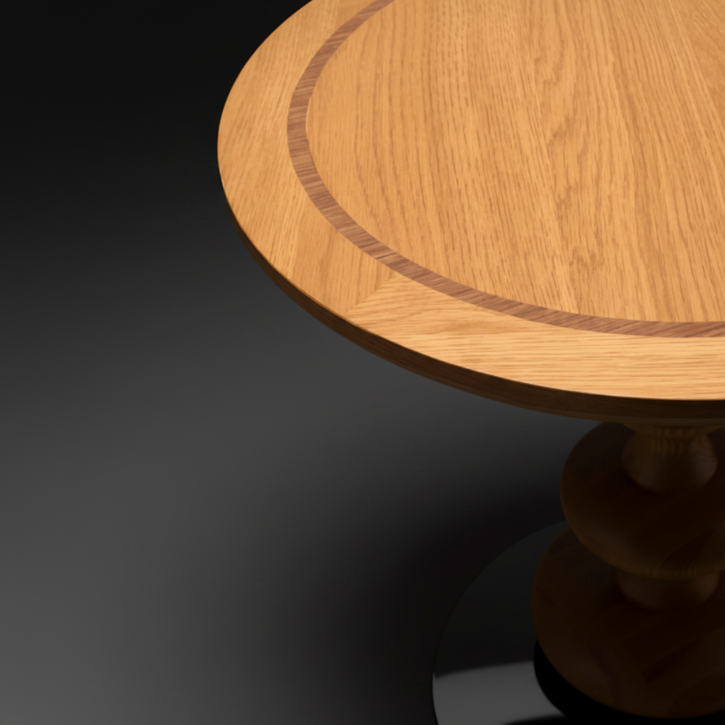 Round Surya Adour end table with a refined brown and dark brown wood top and oak base.