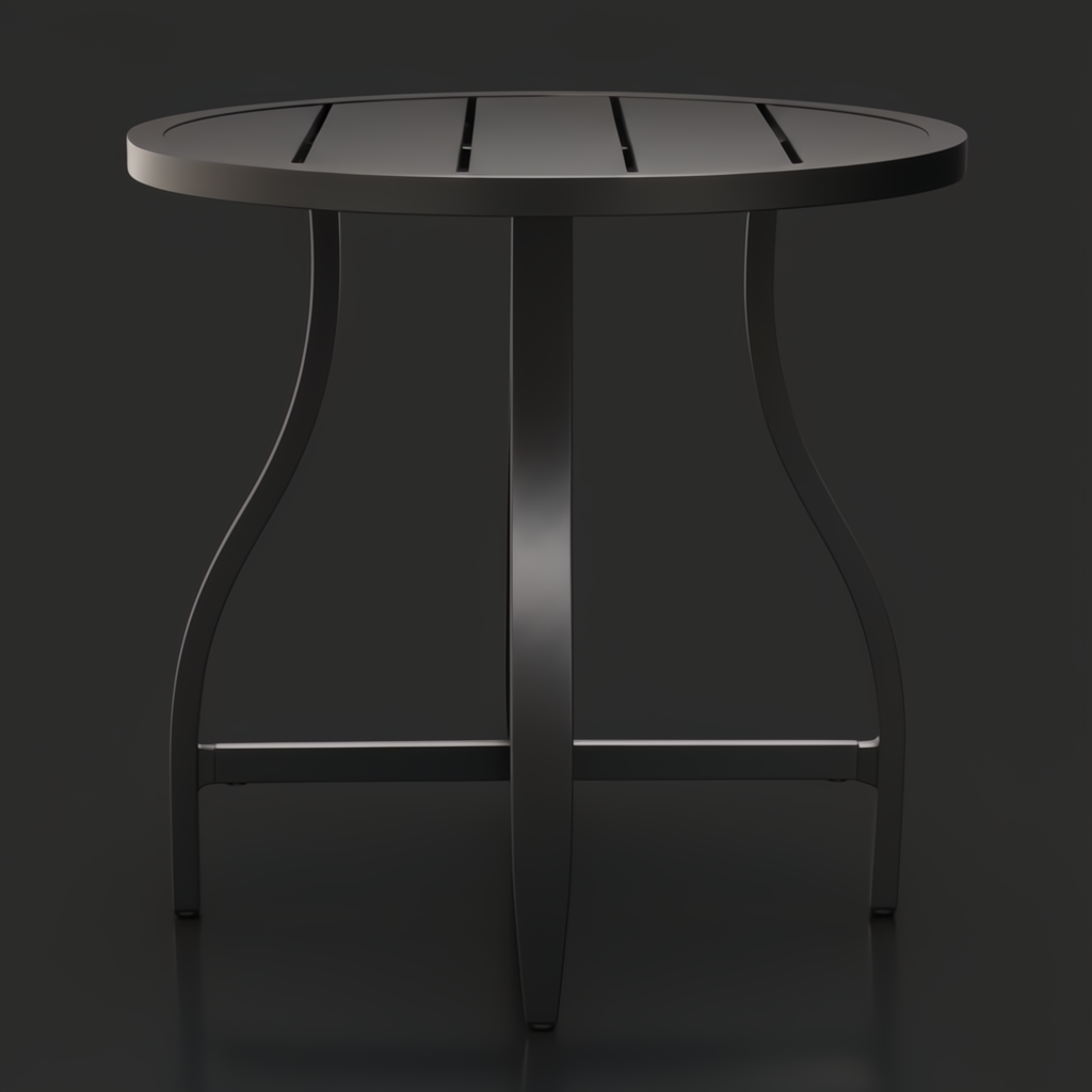 Surya Antibes black powder-coated aluminum round outdoor end table with slatted top.