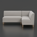 Light gray upholstered banquette bench with natural ash wood base and side cut-out detail.