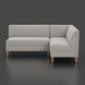 Light gray upholstered banquette bench with natural ash wood base and side cut-out detail.