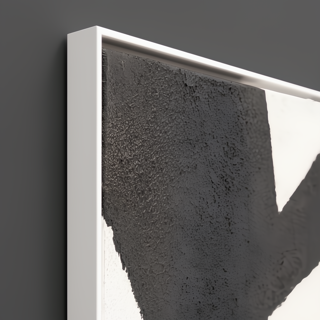 Close-up of Surya Aasmaa AAM-005 modern black and white abstract wall art with textured hand-painted canvas and white frame.