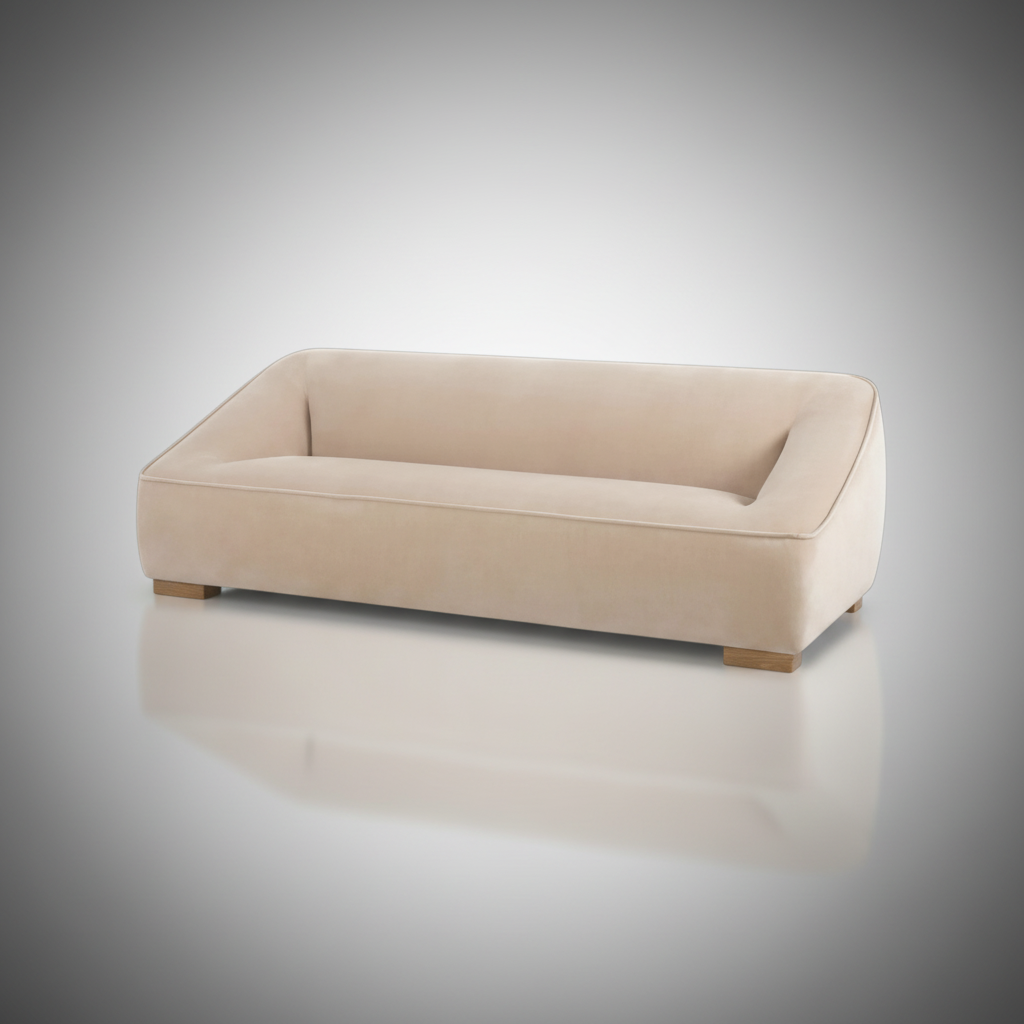 Beige Surya Alba sofa with sloped arms, polyester upholstery, and wooden block feet.
