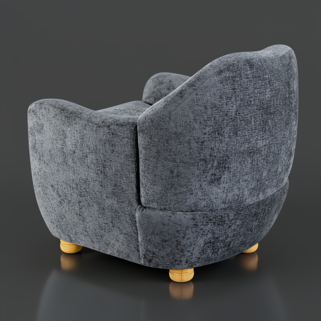 Surya Perch Accent Chair, medium gray polyester upholstery, brown lacquered rubber wood base, minimalist modern design.