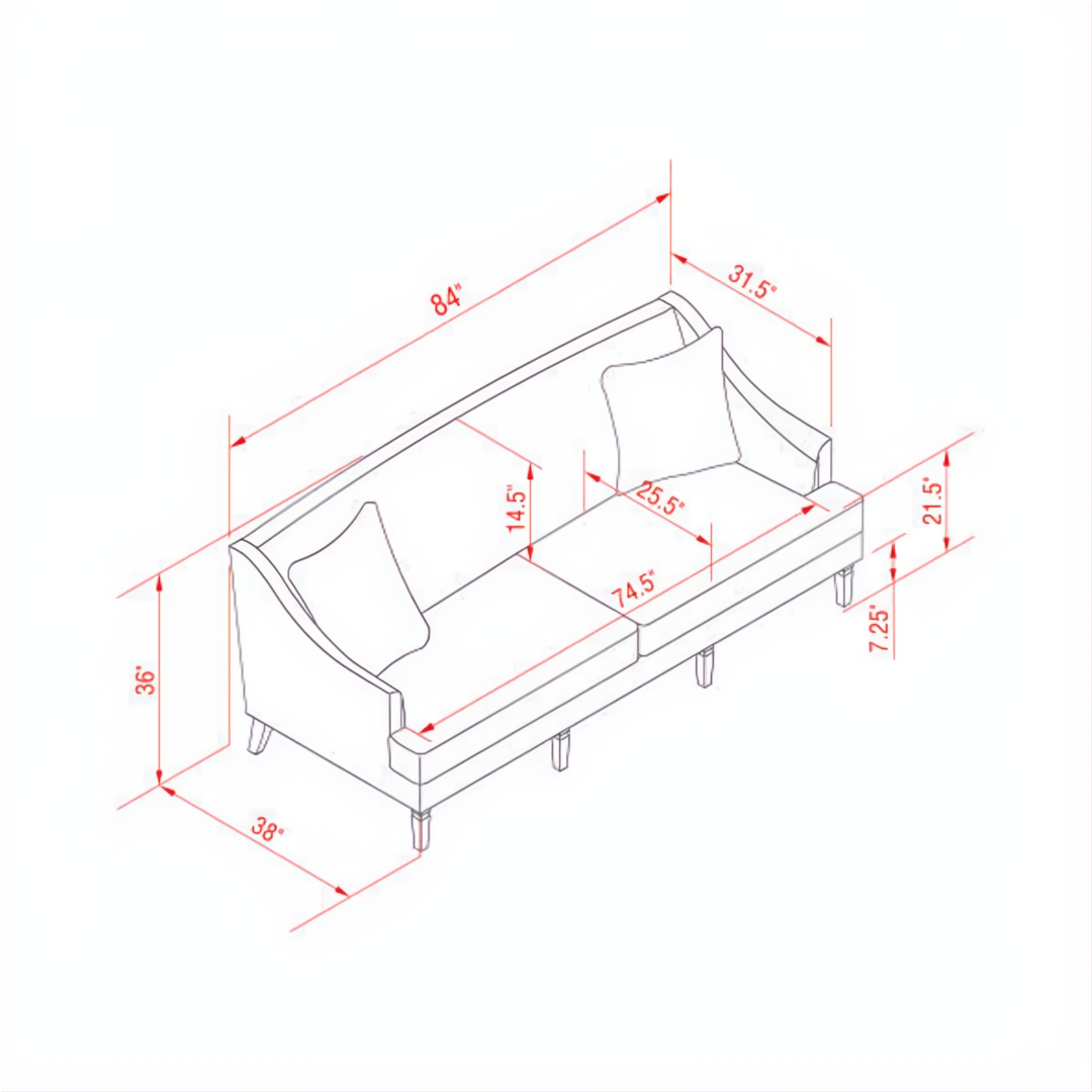 Surya Maywood Sofa dimensions: 36"H x 84"W x 38"D, showing key measurements.