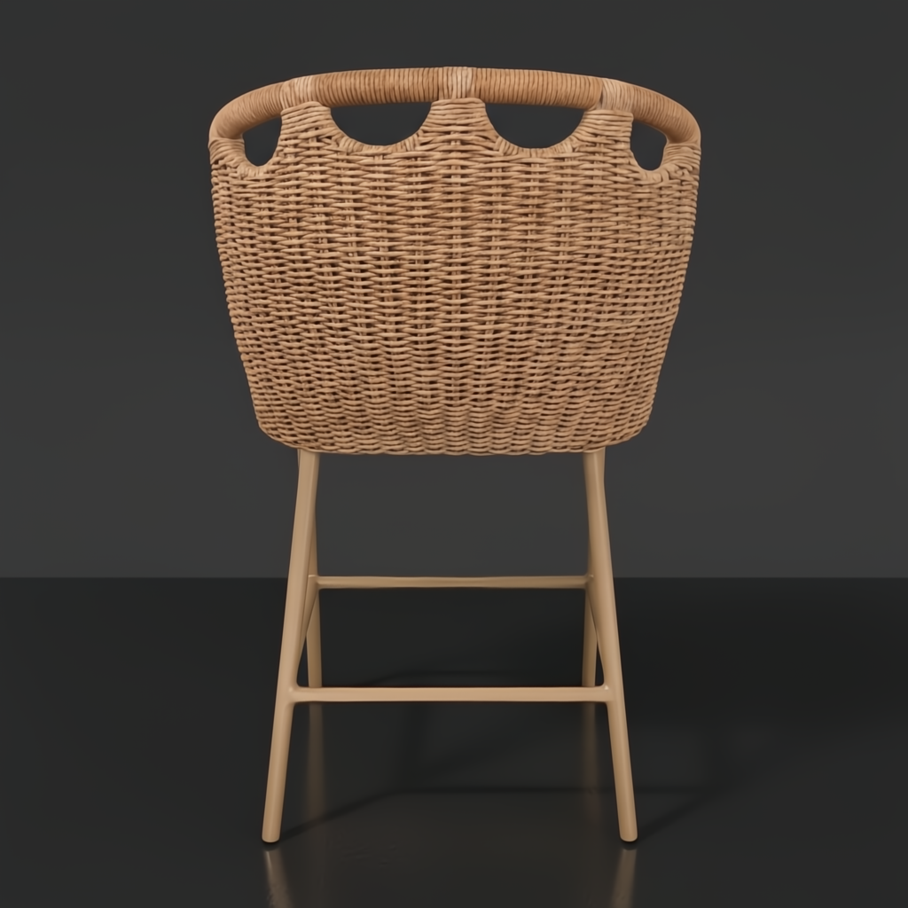 Woven light brown wicker counter stool with a rounded back and light wood-tone legs on a dark background.