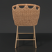 Woven light brown wicker counter stool with a rounded back and light wood-tone legs on a dark background.