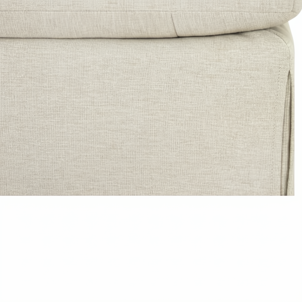 Close-up of a Surya Elenora taupe upholstered ottoman with textured polyester fabric and cushioned top.