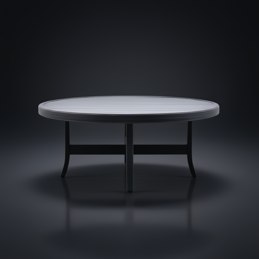Surya Fairborn 42-inch round black hand-painted aluminum outdoor coffee table with a clean profile.