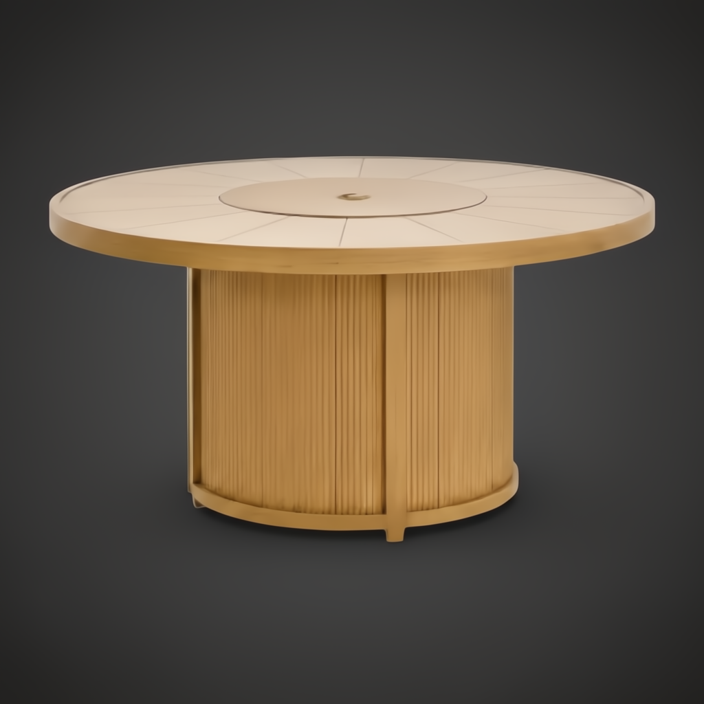 Surya Cape Town 50" round wheat hand-painted aluminum outdoor fire table with sculptural base.