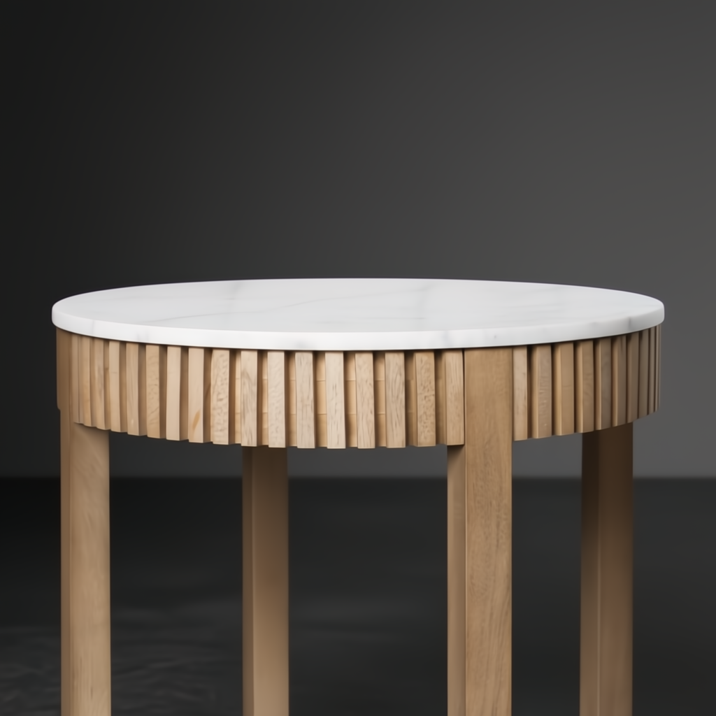 Surya Rosemary 22"H end table with white marble top and natural fluted mango wood base.